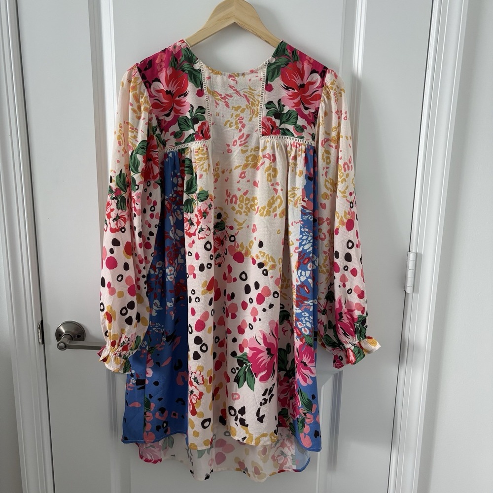 Umgee | Mixed Print Crochet Trim Floral 3/4 Sleeve Tunic Dress Size M Fairy Boho